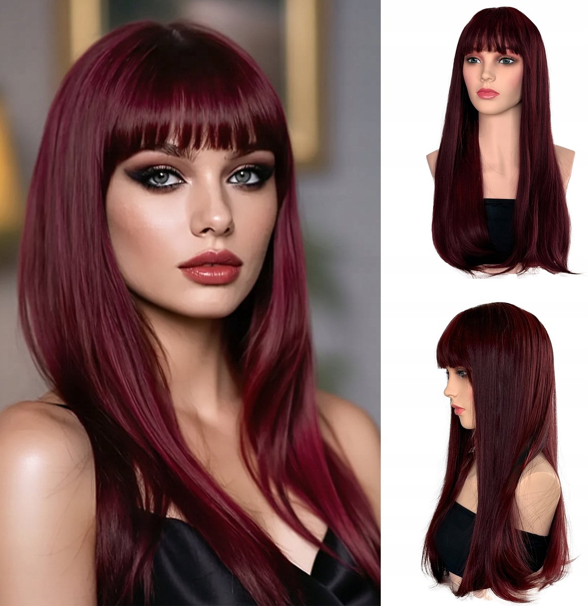 Synthetische Pruik Bordeaux Rood, Lang Rechts met Pony, 60cm