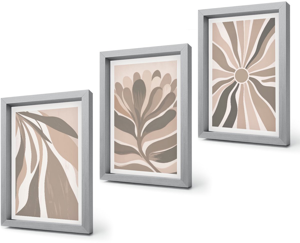 Coloray 4-Delige Schilderij Set - Abstracte plantpatronen in beige en bruine tinten. - 20 x 30 cm - Wanddecoratie - Muurdecoratie - Moderne Interieurdecoratie - Moderne Wanddecoratie Zilveren lijst