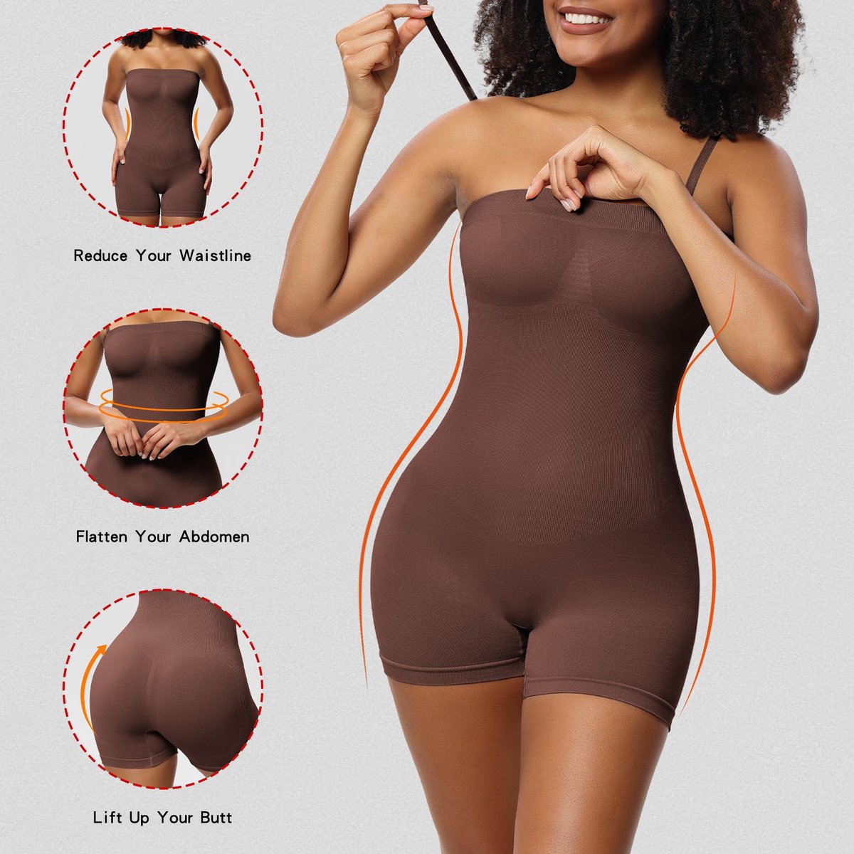 Dames volledig vormend lichaamspak - bandeau shapewear - vierkantbroek model - inclusief schouderbanden-Bruin-S