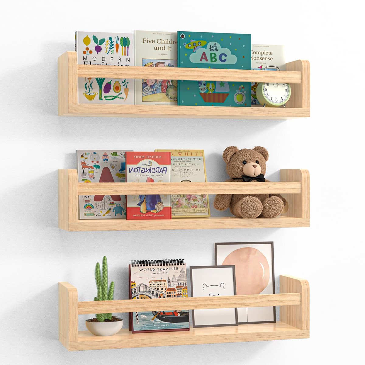 Zwevende planken 3 stuks - 42 cm massief houten wandplank - Babykamer boekenplank - Floating shelf voor babykamer & keuken - Houtkleur