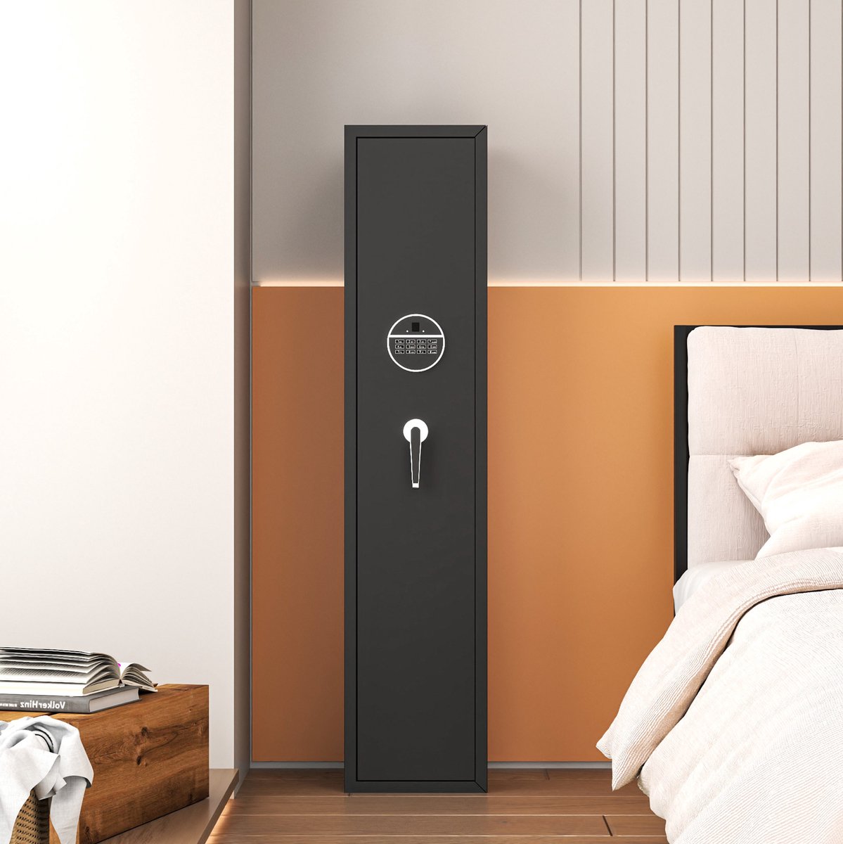 REDOM - Wapenkast voor 5 langwapens - Digitaal cijferslot met alarmfunctie - 2 pistoolvakken in de deur - Stalen uitvoering - Voor veilige opslag van wapens - Staal - Zwart - 138 x 30 x 30 cm