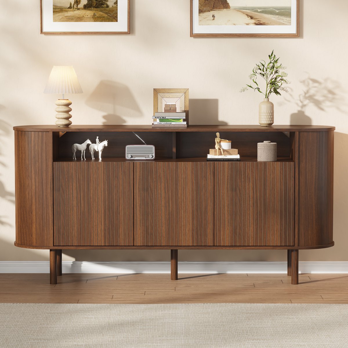 Pugsdrly Sideboard 160×40×78,5 cm, modern dressoir met 3 golvende deuren en open opbergvak, massief houten poten, stevige kast van spaanplaat voor de woonkamer, hal of eetkamer, draagvermogen tot 75 kg, donkerbruin