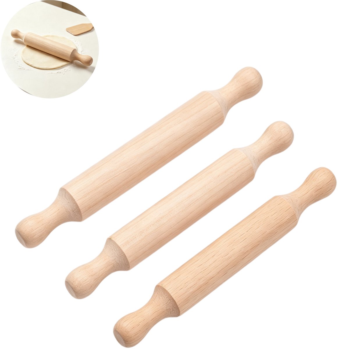 3 stuks - houten mini deegroller - deegstok - dumpling rolstok - bakrol voor kinderen - glad afgewerkt zonder scherpe randen - maten:13,5×2cm +14×2cm +18×2cm - thuis bakken, kinderknutselen, deeg voor dumplings - natuurlijke houtkleur