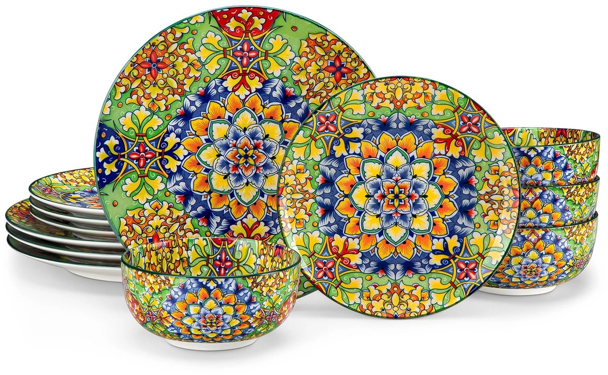 Novari - Serviesset - Servies - Serviesset 4 persoons - Bordenset - Borden - Decoratief bloemmotief - Duurzaam keramiek - Boheems