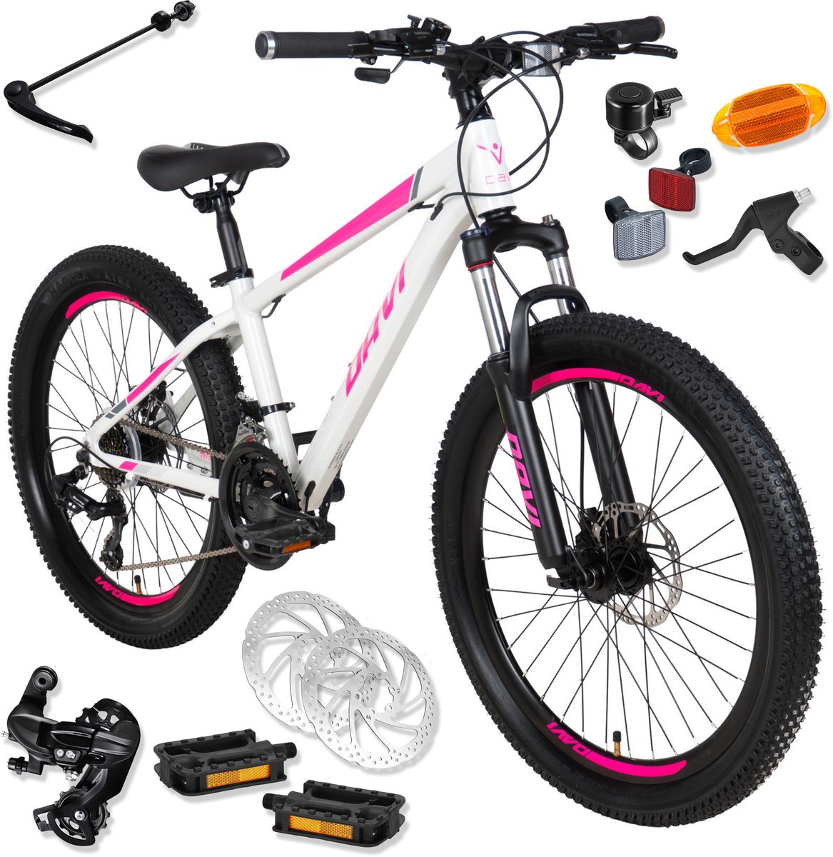 Davi Bella – Kinderfiets – 24 inch – 21 versnellingen – Shimano – Schijfremmen – 130-160 cm – Wit/Roze – Meisje