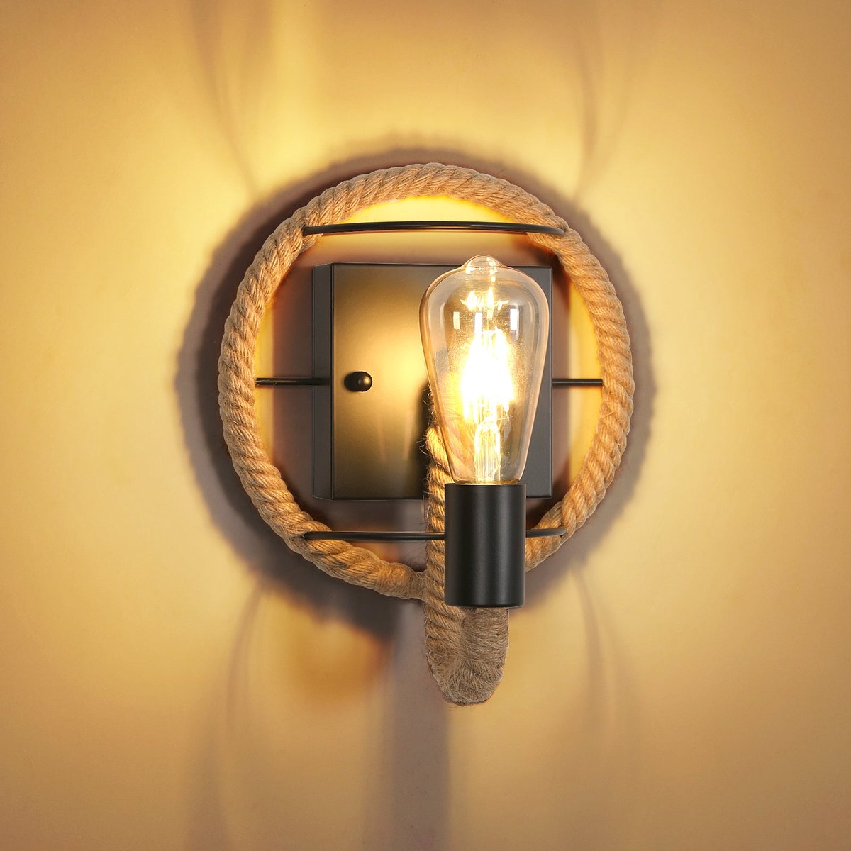 Riserva Wandlamp retro industrieel onregelmatig zwart, ijzer + henneptouw, E27 fitting max 60W zonder lamp, voor studeerkamer, slaapkamer, keuken, woonkamer, eetkamer