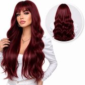 SassyGoods Rode Pruik - Pruiken Dames Lang Haar met Pony - Wig - Haarwerk - Wasbaar - Wijn Rood - 70 cm
