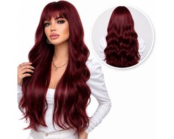 SassyGoods Rode Pruik - Pruiken Dames Lang Haar met Pony - Wig - Haarwerk - Wasbaar - Wijn Rood - 70 cm