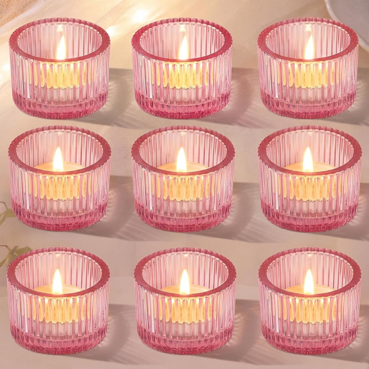Theelichthouder Glas Roze - 5,2 x 3,5 cm - Set van 9 - Stijlvolle verlichting voor elke gelegenheid - ShopVlot