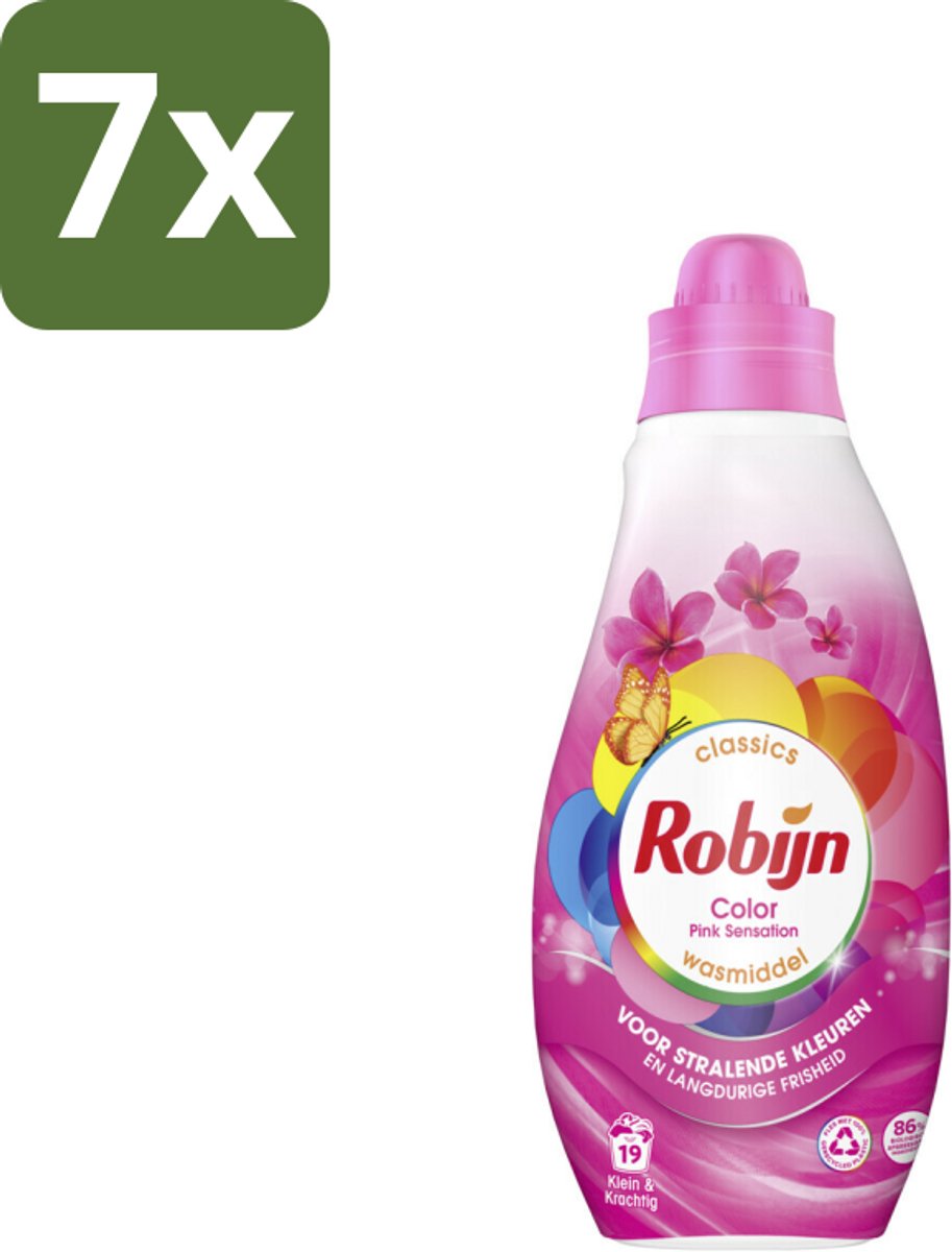 Robijn - Klein & Krachtig Classics Color Pink Sensation - Vloeibaar Wasmiddel - 19 Wasbeurten - Bulkverpakking - 7 stuks