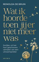Boekcover met de titel "Wat ik hoorde toen jij er niet meer was" door Reinolda de Bruin. Goudkleurige tekst op donkerblauwe achtergrond met afbeelding van een uitgebloeide paardenbloem.