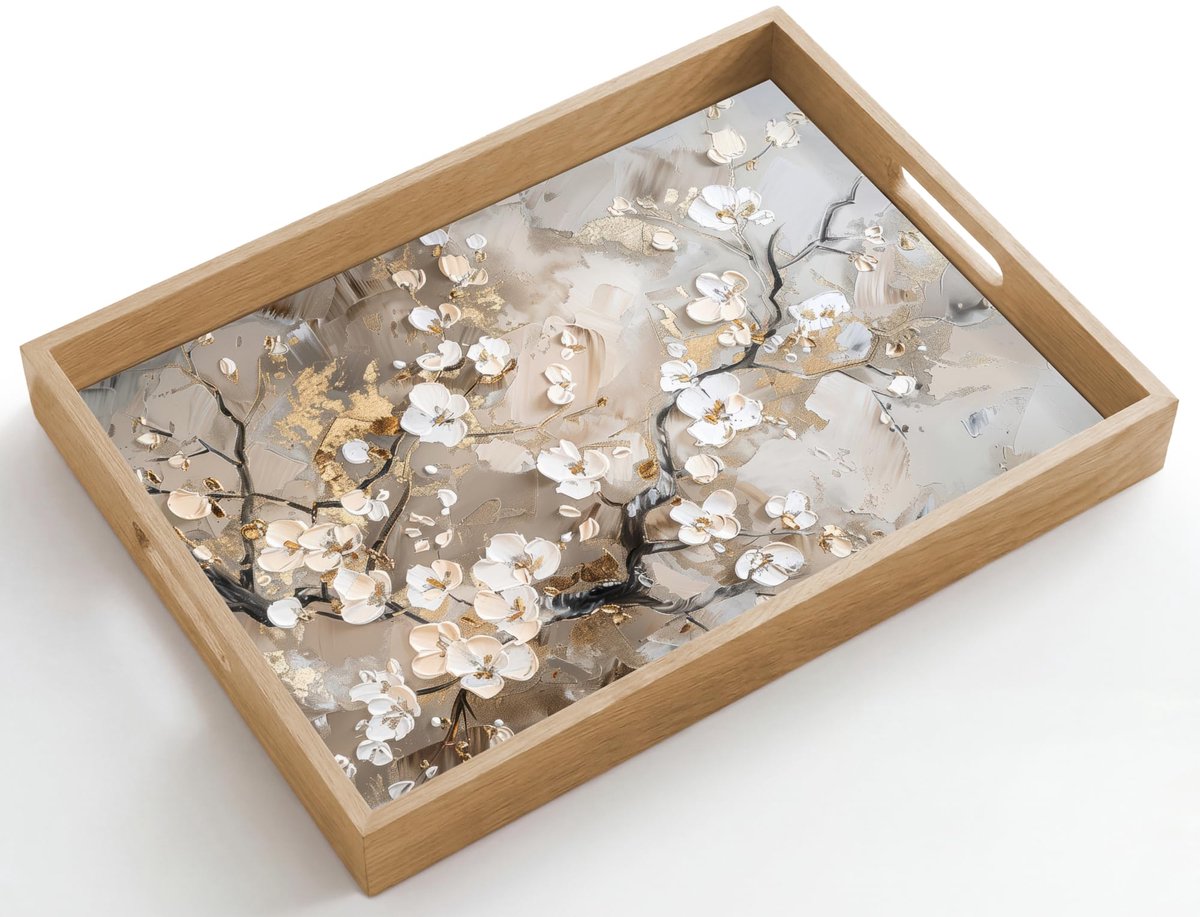 Famanu – Rechthoekig houten dienblad van 50 x 35 cm, serveerblad met handgrepen, krasbestendig en hittebestendig, luxe ontwerp in wit, goud en beige