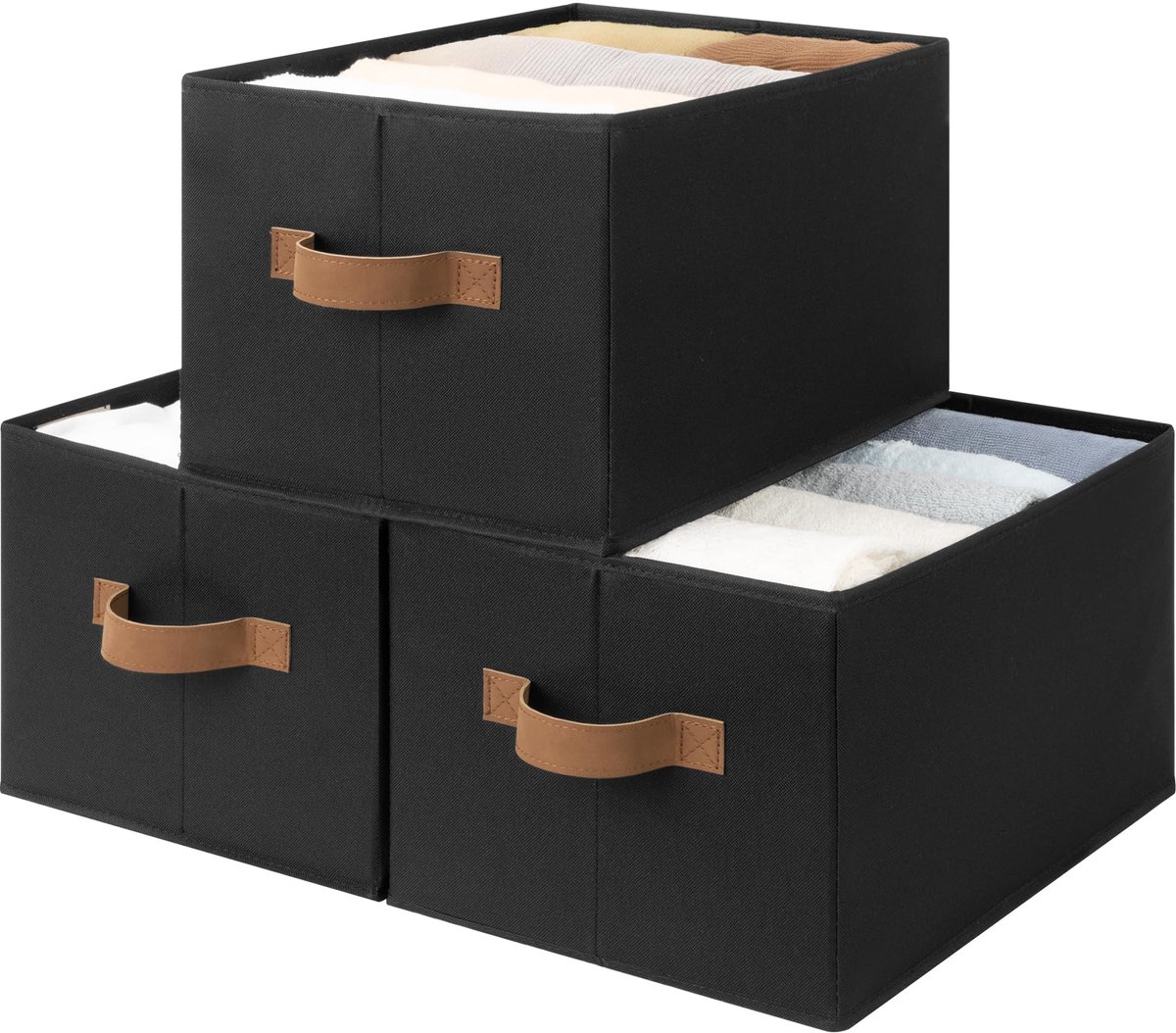 Famanu – Planken opbergdozen, grote opbergmanden voor planken, rechthoekige kastorganizers met handvatten, opvouwbare kastmanden voor bijkeuken, zwart, set van 3 stuks