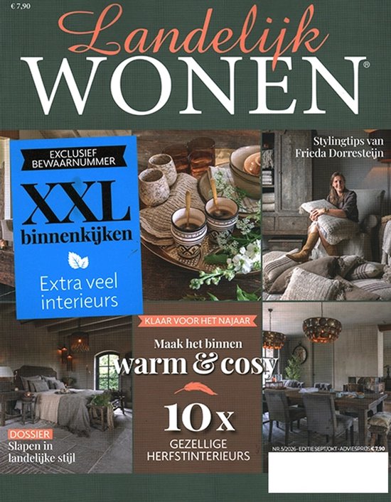 Tijdschrift Landelijk Wonen, editie september/oktober 2026. Met XXL binnenkijken, gezellige herfstinterieurs en stylingtips.