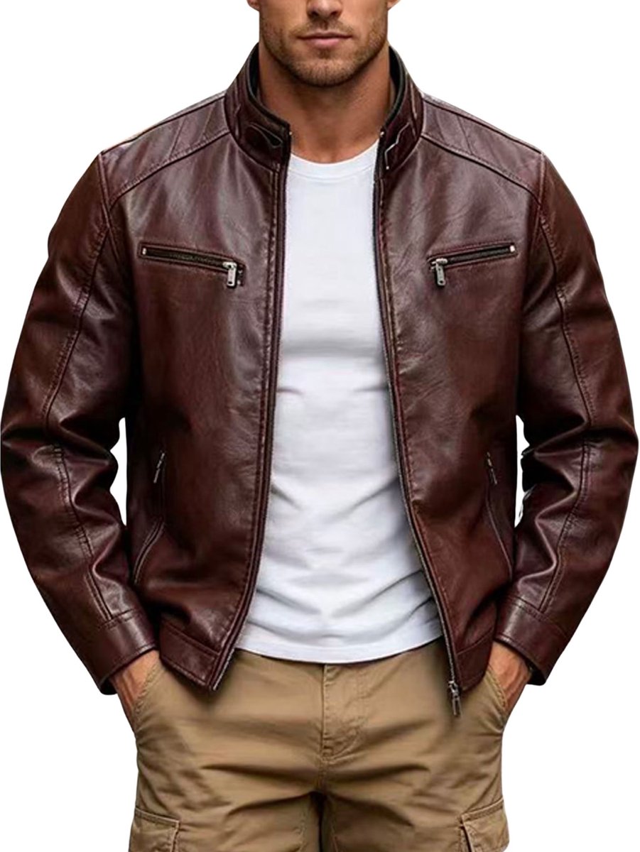 Currero Kunst Leren Jas - Leather Jacket - Lederen Jas - Bomberjack - Pilotenjack - Blazer - Biker - Motorjas - Motormuis - Heren - Bordeauxrood S