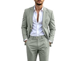 Currero 3 Delig Herenpak Met Overhemd - Suit 2 Delig - Tailored Fit Kostuum - Business Pak - Trouwpak - Tuxedo Stijl - Kantoor & Feest - Leger Groen M