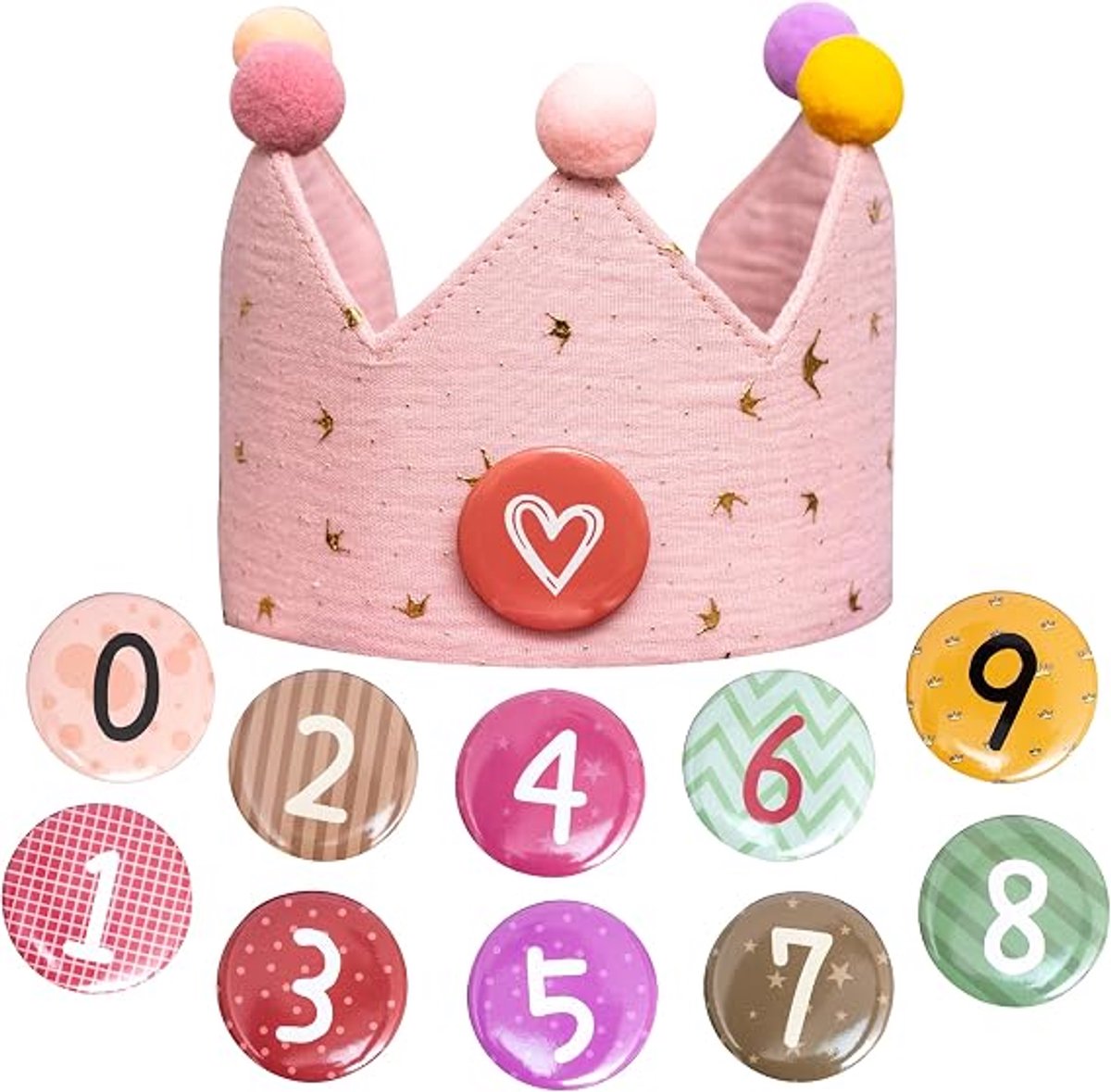 Casalora Verjaardagshoedje voor kinderen – Katoenen verjaardagshoedje – Verjaardagskroon voor kinderen – Met afneembare cijfers – Feestdecoratie in prinsessenthema – Roze