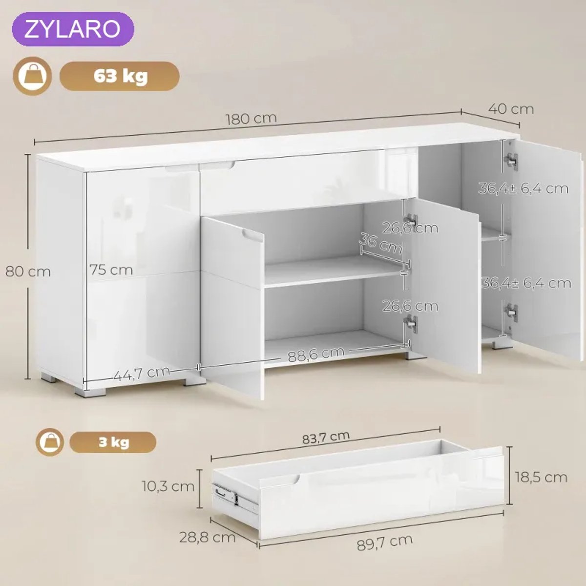 Dressoir - Moderne ladekast - 4 deuren - Verstelbare planken - Soft close functie - Hoogglans - Wit