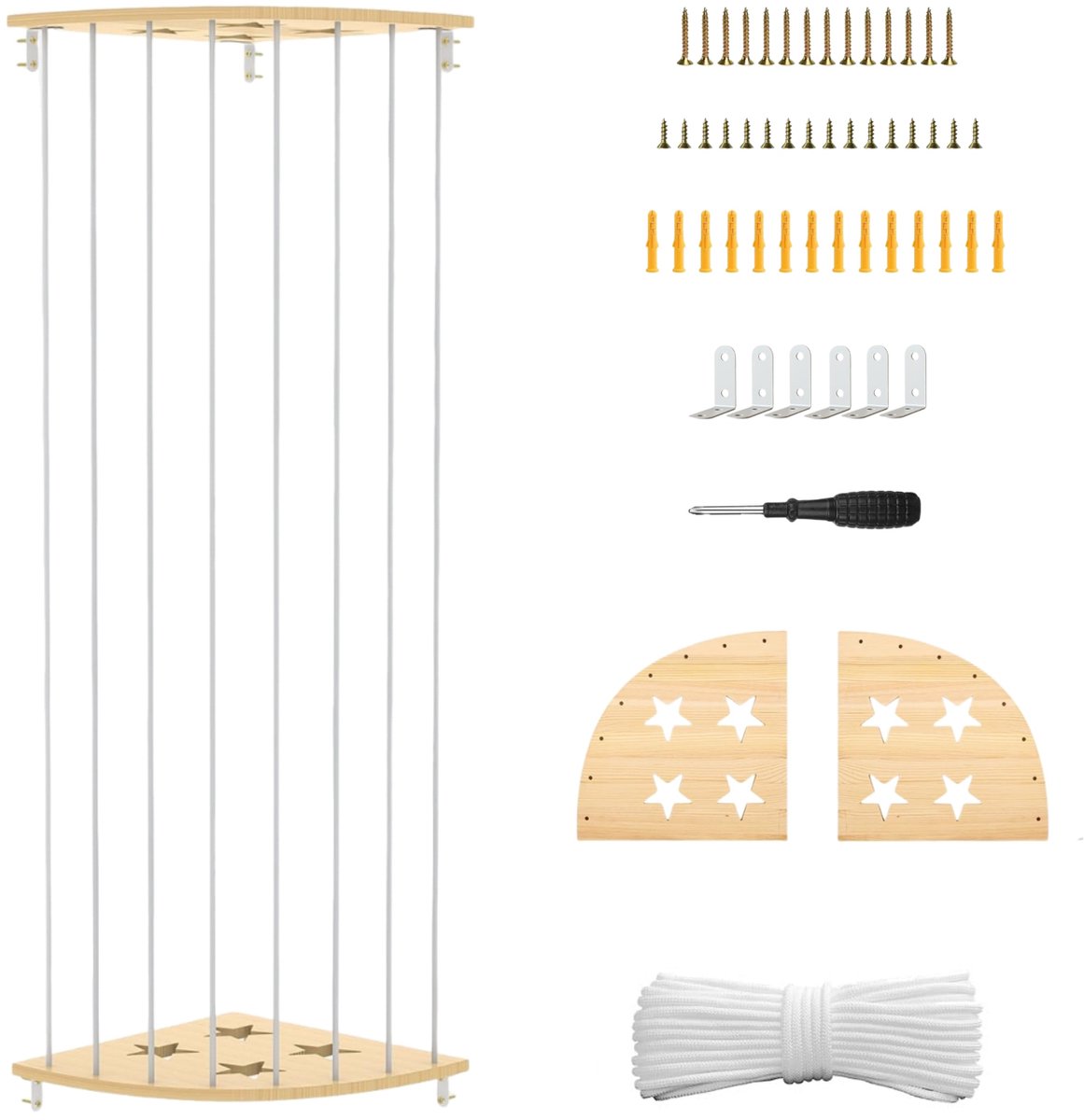 Wishdor Pluche speelgoed opbergrek voor de kinderkamer - Verstelbare hoekplank aan de wand - Open knuffel opbergsysteem - Massief grenenhout - Wit - 32x32x112-180 cm