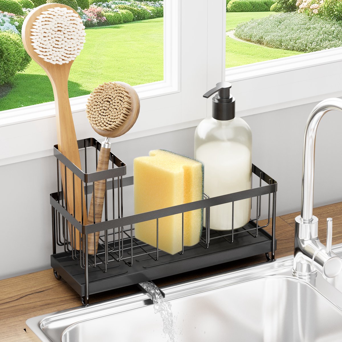 Gootsteen Organizer - Vaatdoekhouder Compacte Afwasborstelhouder met Automatische Afvoer - Ruimtebesparend Keuken Organizer - Zwart