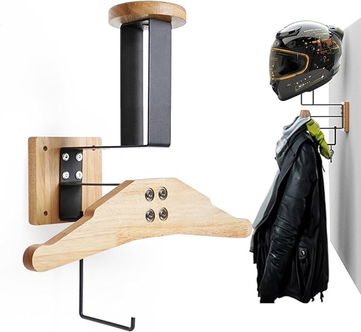 Muurbeugel Met Hoog Draagvermogen - 40 kg Totaal Geschikt Voor Helmen Vesten Riemen Handschoenen En Kleding - Massief Hout En Metaal Ruimtebesparende Muurbeugel - Voor Tactische Uitrusting Motor- En Sportartikelen - 39x35 cm - Houtnerf
