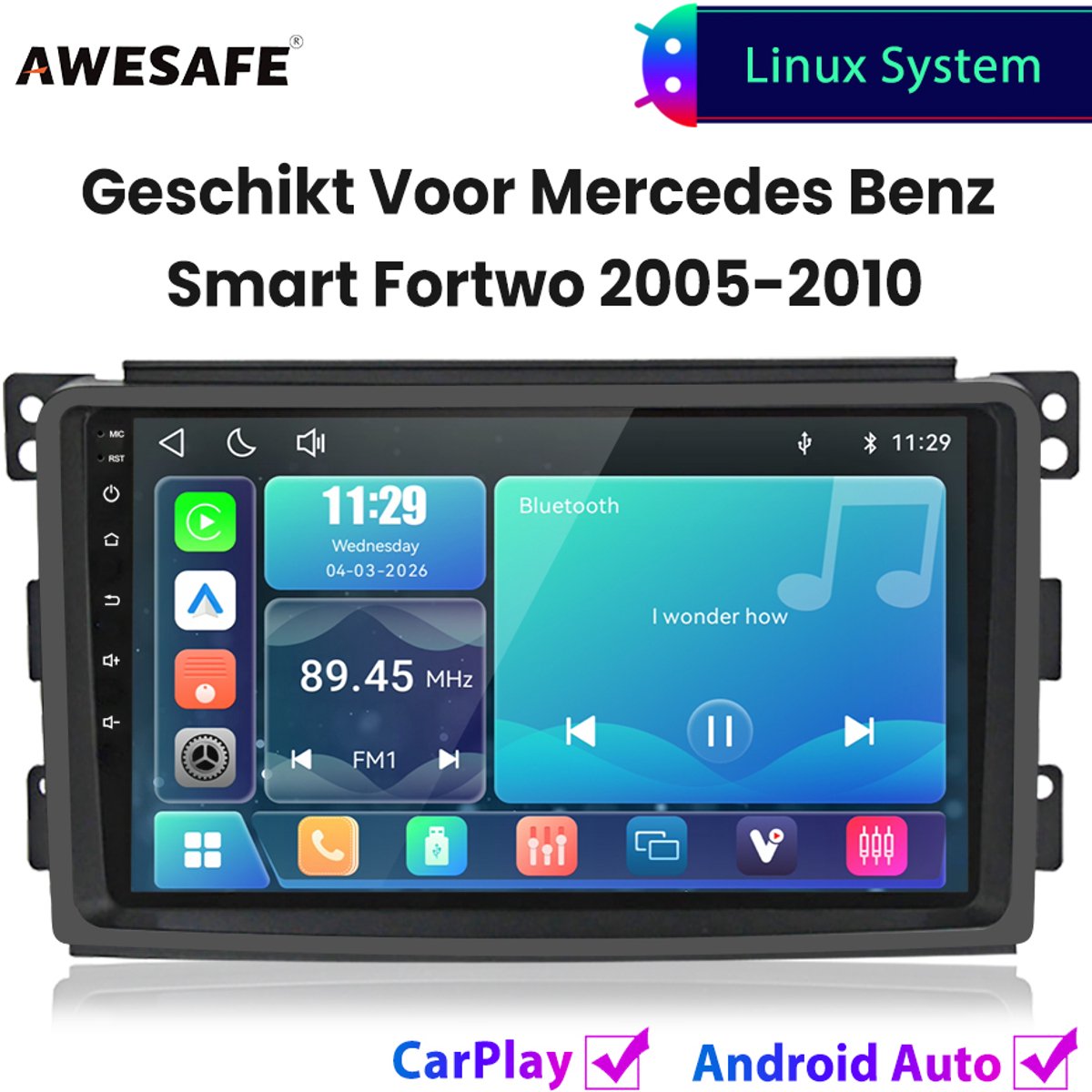 Awesafe Autoradio - Geschikt Voor Mercedes Benz Smart Fortwo 2005 t/m 2010 - Draadloos Carplay Android Auto - Linux systeem - Touchscreen - Bluetooth Wifi - 2005 2006 2007 2008 2009