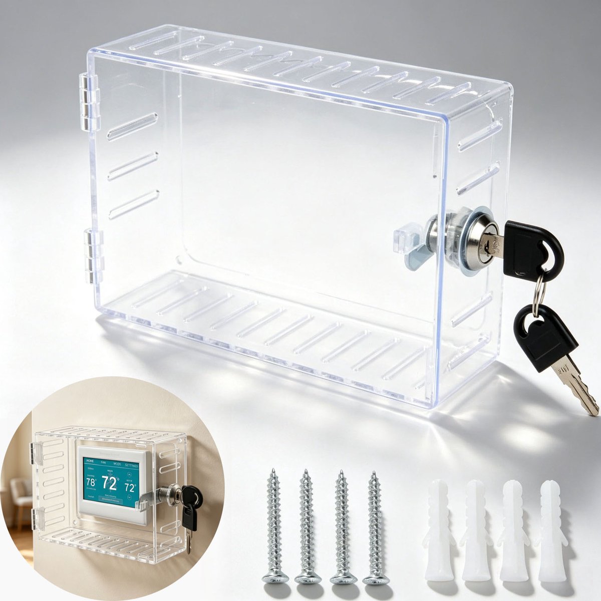 Thermostaat behuizing transparant met sleutel 18.5x12x6.3cm – veiligheidskap met slot – beschermhoes voor thermostaat