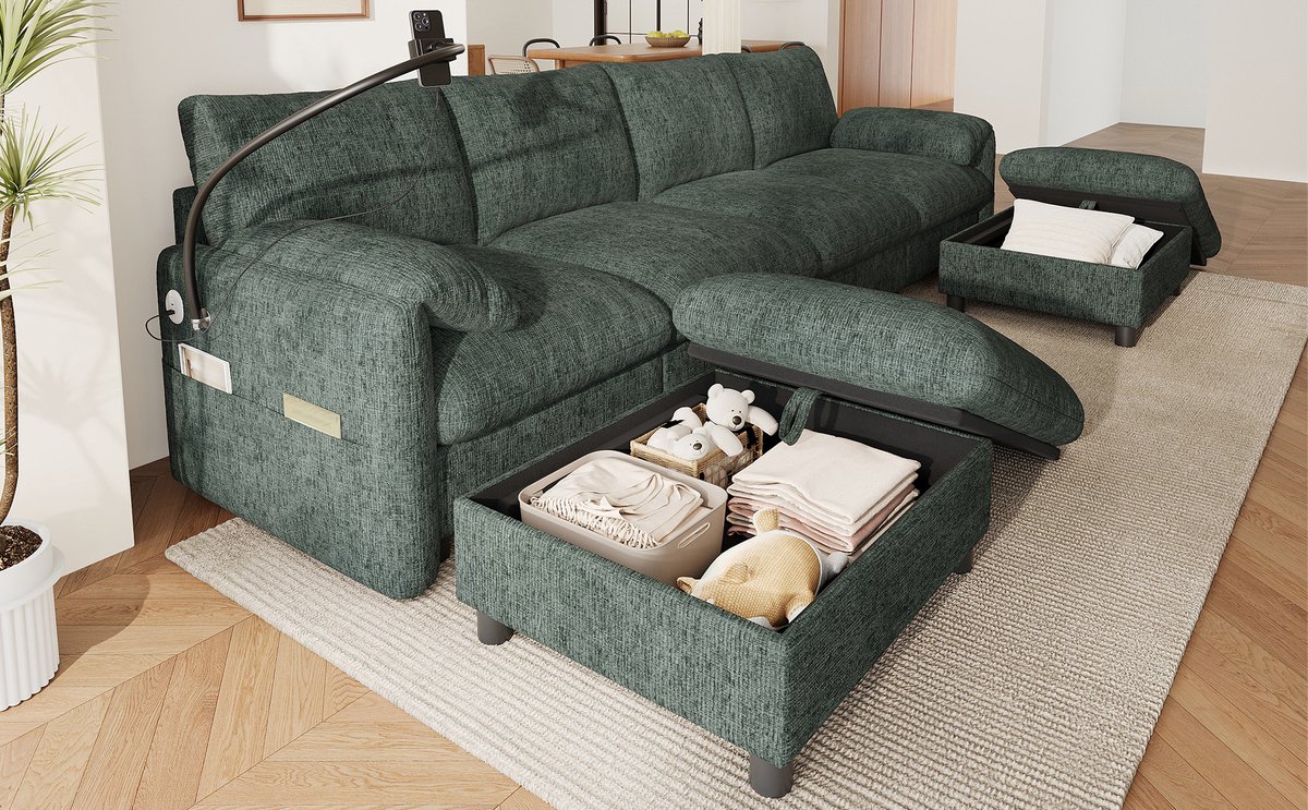 DESMIU U-Bank - 6-Zits Modulaire Hoekbank Met Opberghockers, USB En Type-C, Mobiele Telefoonhouder - Voor Woonkamer - Chenille - Groen