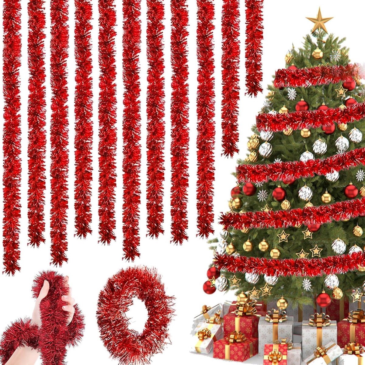 10Pcs x 2M Christmas Tinsel Garland, Lametta Christmas Decoration Garlands, Christmas Tree Garland for Shiny Wedding - ShopVlot