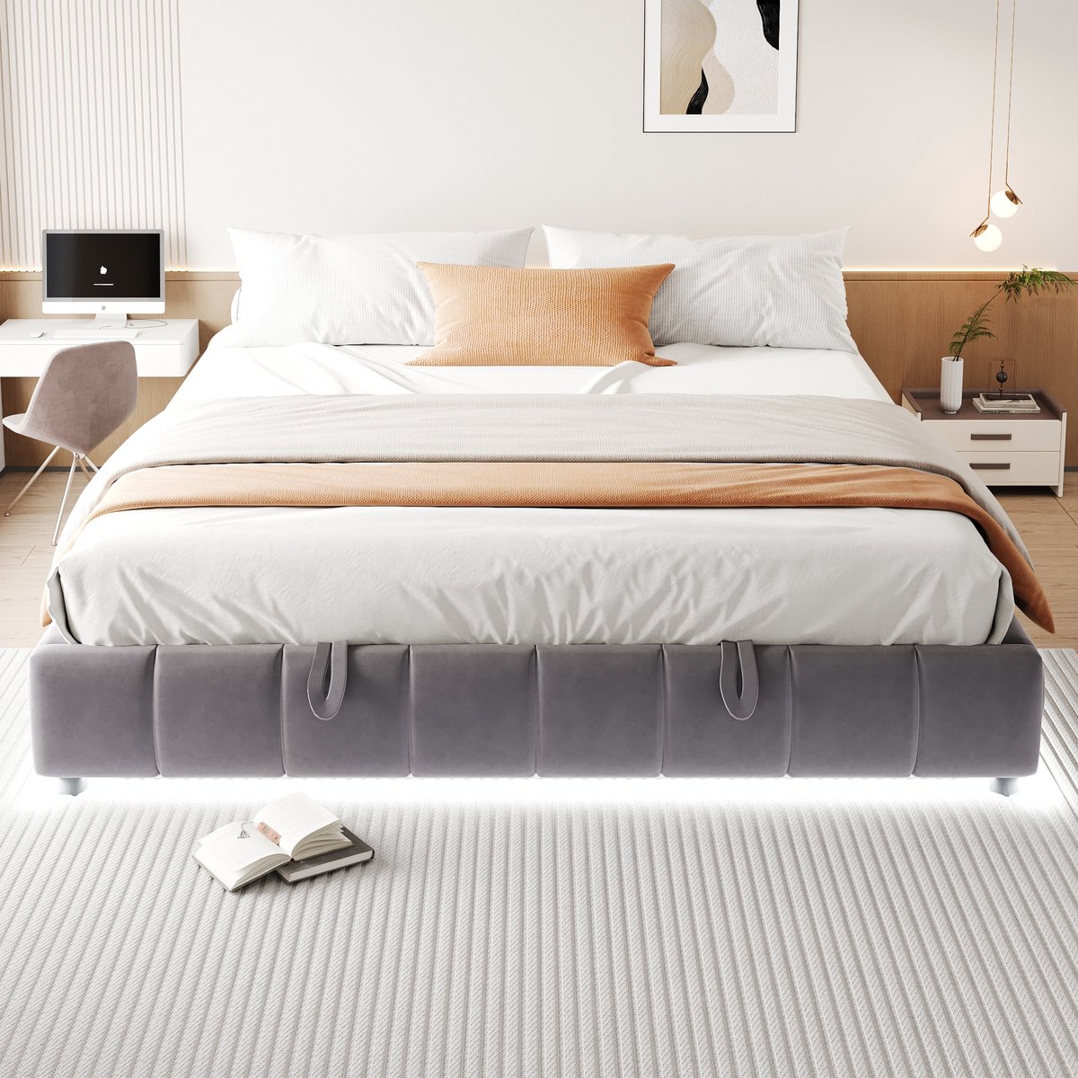 Sweiko Tweepersoonsbed - 180 x 200 cm - Zonder hoofdeinde - LED-lichtstrip - Opbergruimte - Grijs