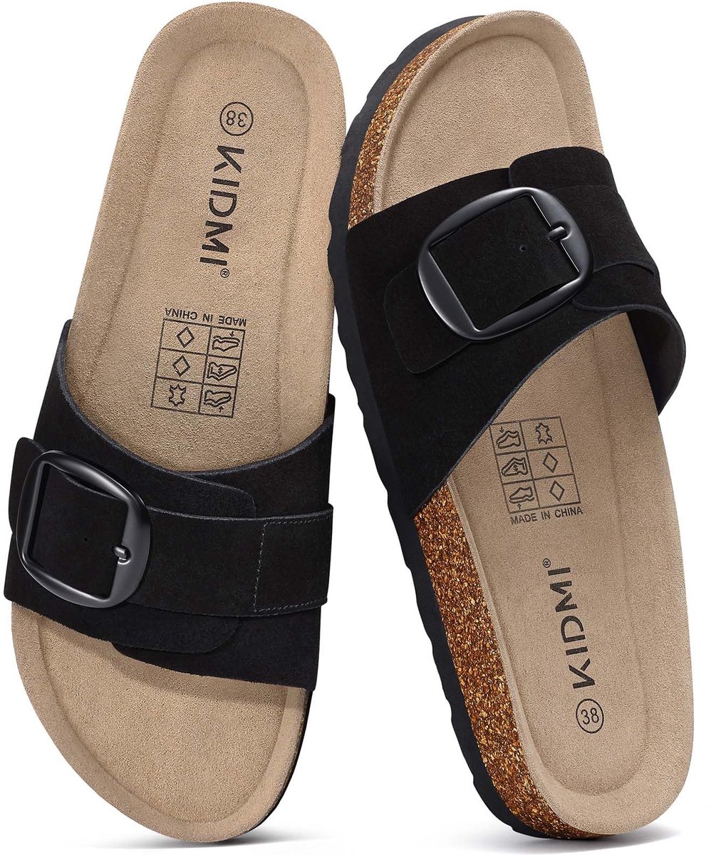 Homaxy - Unisex Sandalens – Koe suède Dames Slippers – Comfort slippers – Houten sandalens – Zwart - 37- Geschikt voor een voetlengte van 23,3 cm