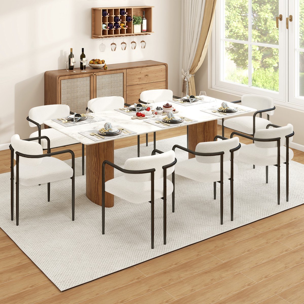 Puluomis - Eetkamerstoelen - Set van 8 - Teddy Fleece - Metalen poten - Gevoerde zitkussens - Wit