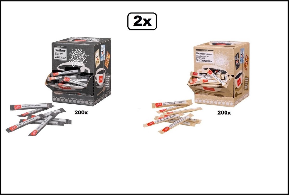 200 stuks Suikersticks en 200 stuks Creamersticks in dispenser box - koffie melk suiker thee melkpoeder suiker zakjes carnaval kantine festival thema feest