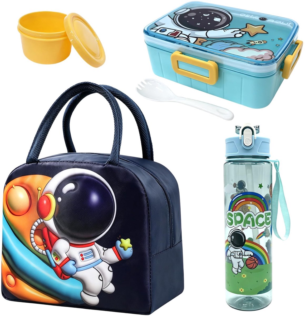 Lunchbox set volwassenen 600ml bento - 800ml drinkfles - ruimtevaart thema - perfect voor onderweg - ShopVlot