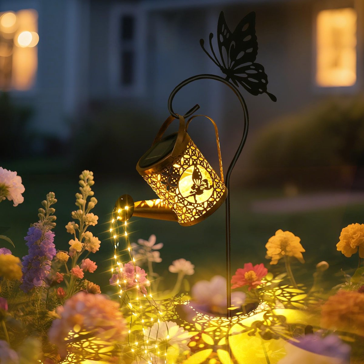 Gieter op zonne-energie - lichtketting met herdershaak - weerbestendig - sfeervolle tuinverlichting - ShopVlot