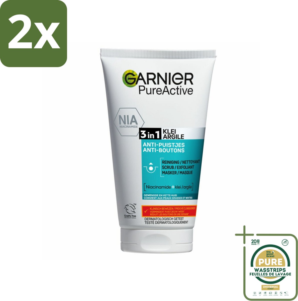 Garnier - Pure Active - 3-in-1 Reiniging Scrub Masker - Tegen Puistjes & Onzuiverheden - Klei & Niacinamide - 150 ml - Voordeelverpakking - 2 stuks - Masker - Puistjes