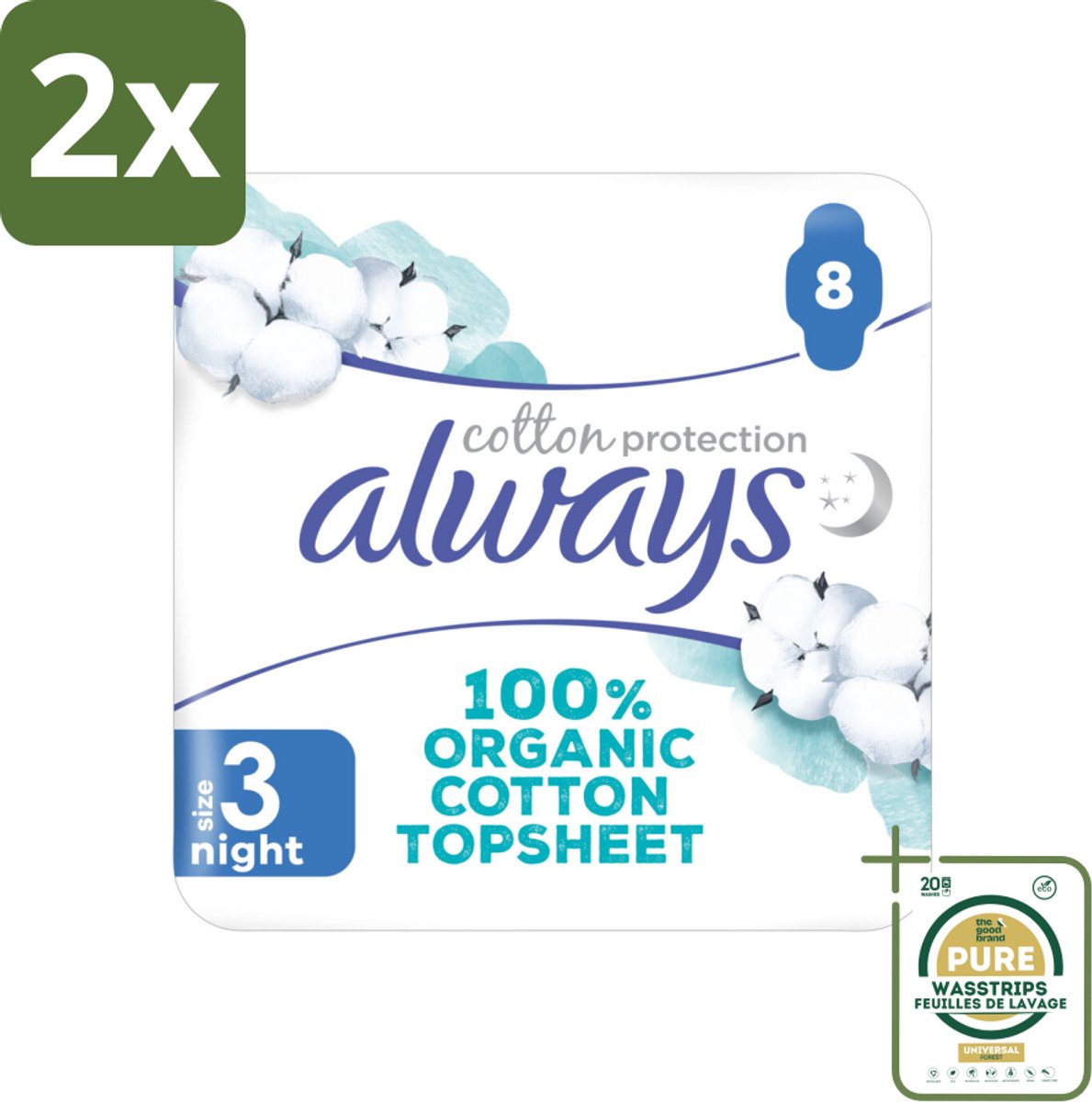 Always - Maandverband - Night - Cotton Protection - Met Vleugels - 8 Maandverband - Voordeelverpakking - 2 stuks - Biologisch katoen - Gevoelige huid