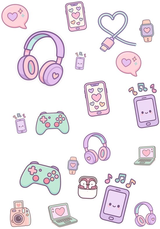 Een verzameling pastelkleurige gadgets zoals koptelefoons, smartphones, smartwatches, gamecontrollers, laptops, oordopjes, een camera en een USB-kabel, vaak met hartjes en muzieknoten.