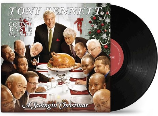 Albumcover met Tony Bennett, de Count Basie Big Band en een kerstkalkoen voor een kerstboom. Titel: A Swingin' Christmas.