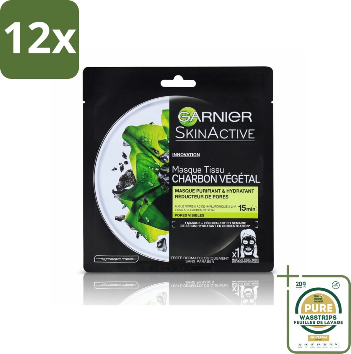 Garnier - SkinActive - Tissue Masker - Charcoal - 1 Gezichtsmasker - Voordeelverpakking - 12 stuks - Reinigende masker - Hydraterend masker