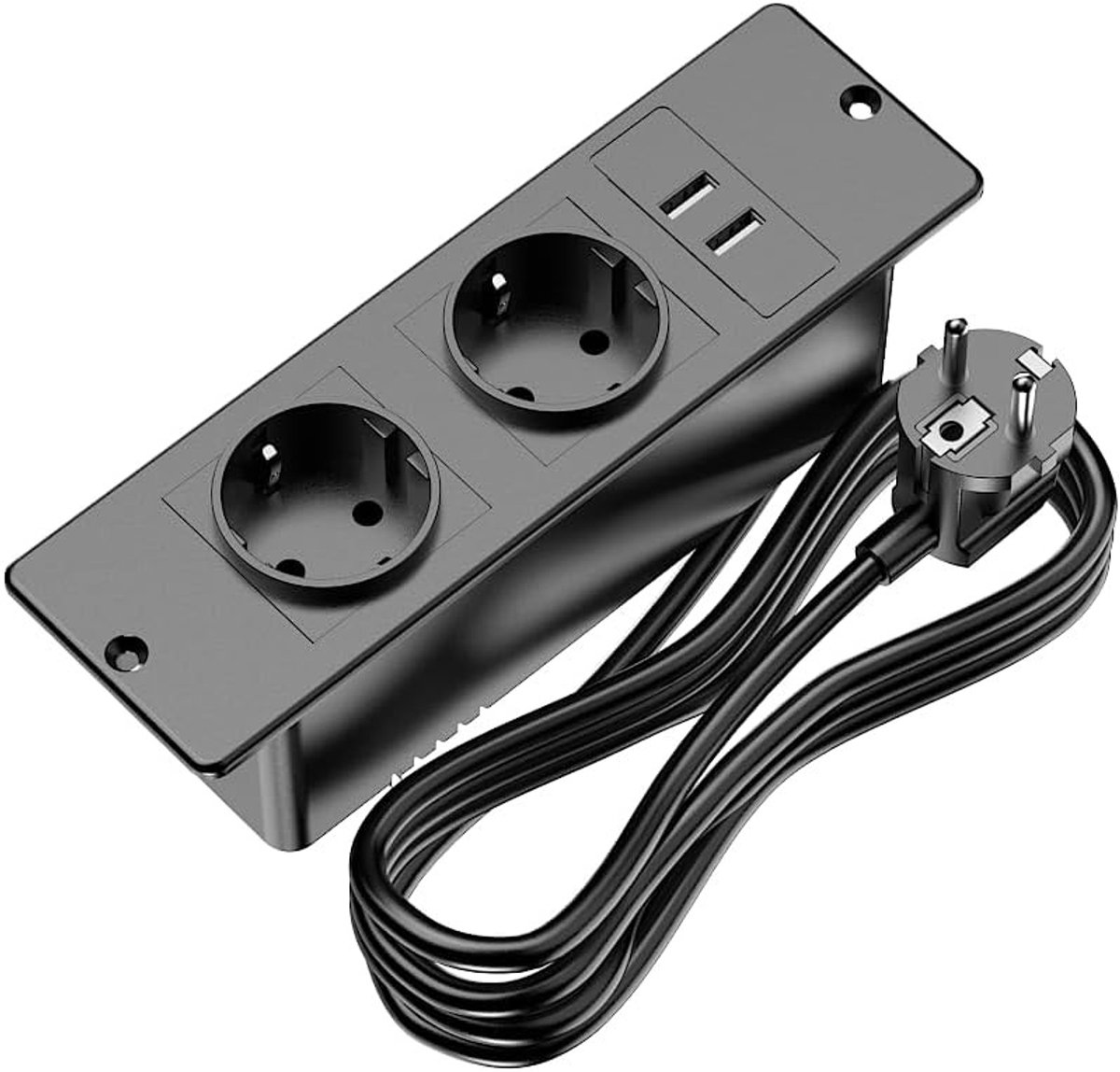 Ingebouwde Tafelstekker met USB - Zwart - 195 x 60 mm - 4-in-1 Stopcontact met 2 USB-A Poorten - Voor Meubels of Werkblad