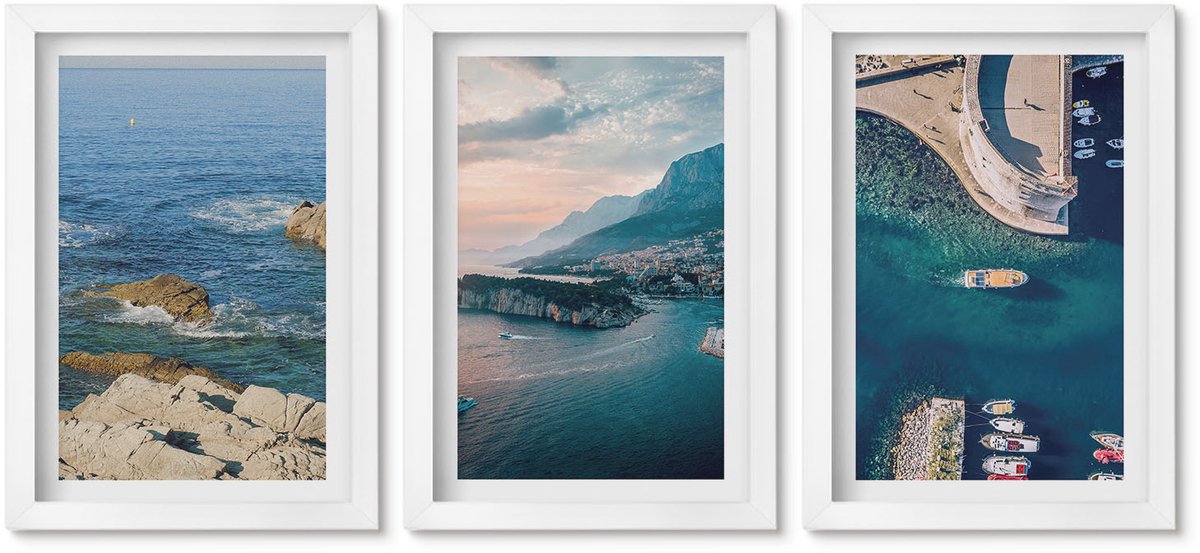 Wallfluent 3-Delige Schilderij Set - Uitzicht Op Zee Met Kliffen En Berghavens - 20 x 30 - Wanddecoratie - Muurdecoratie - Woonkamer