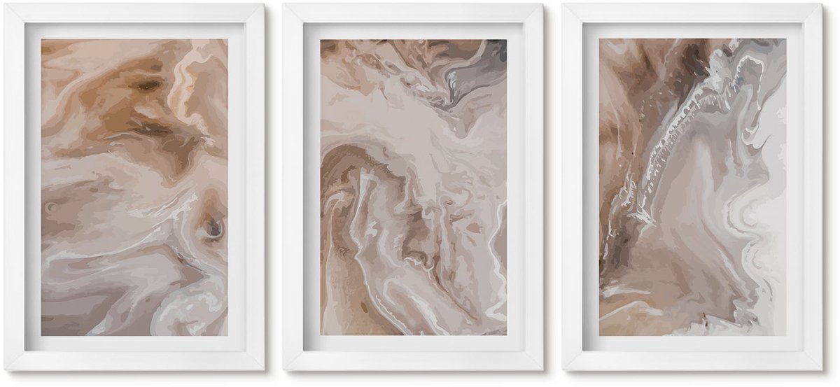 Wallfluent 3-Delige Schilderij Set - Abstracte Marmerpatronen Met Steenstructuur - 20 x 30 - Wanddecoratie - Schilderijen Set - Interieur