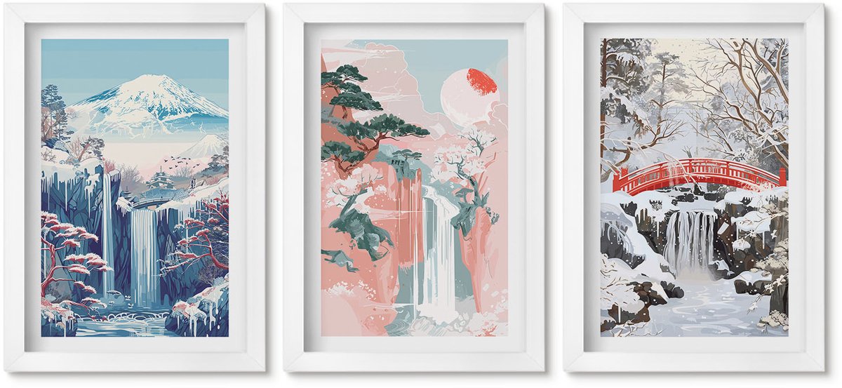 Wallfluent 3-Delige Schilderij Set - Berglandschappen En Watervallen In Verschillende Seizoenen - 20 x 30 - Wanddecoratie - Schilderijen Set - Interieur - Woonkamer Decoratie