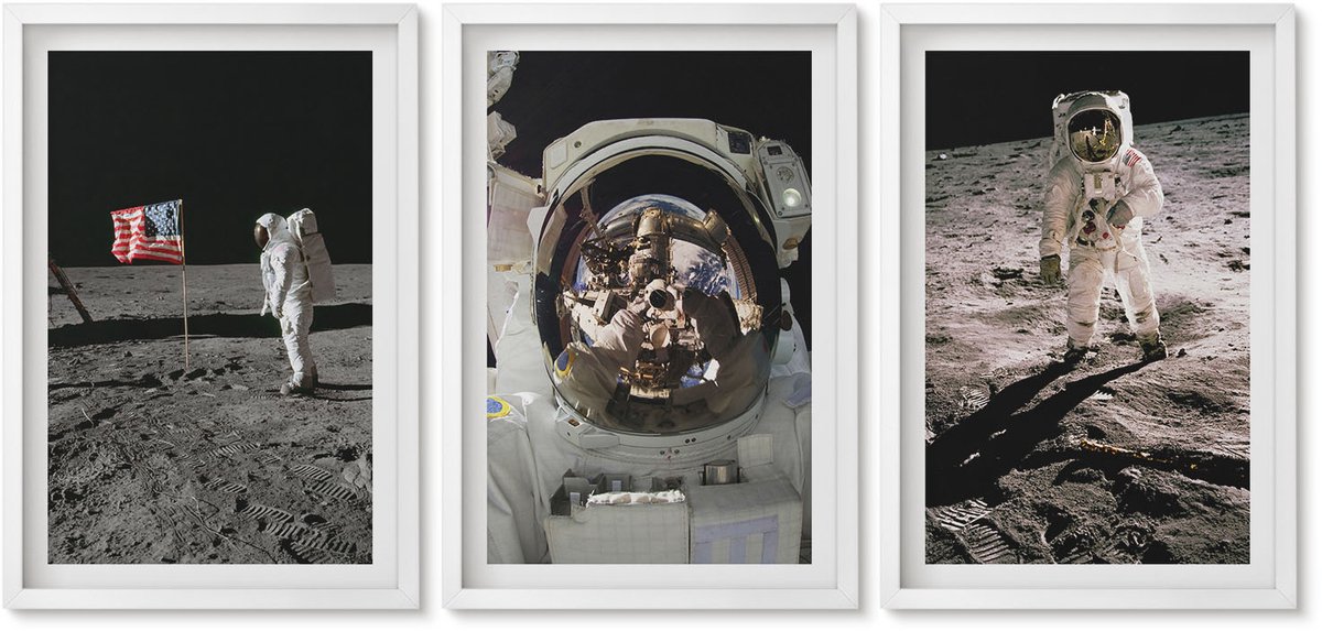 Wallfluent 3-Delige Schilderij Set - Foto'S Van Astronauten Die Op De Maan Landen - 40 x 60 - Stijlvolle Muurdecoratie - Slaapkamer - Wanddecoratie