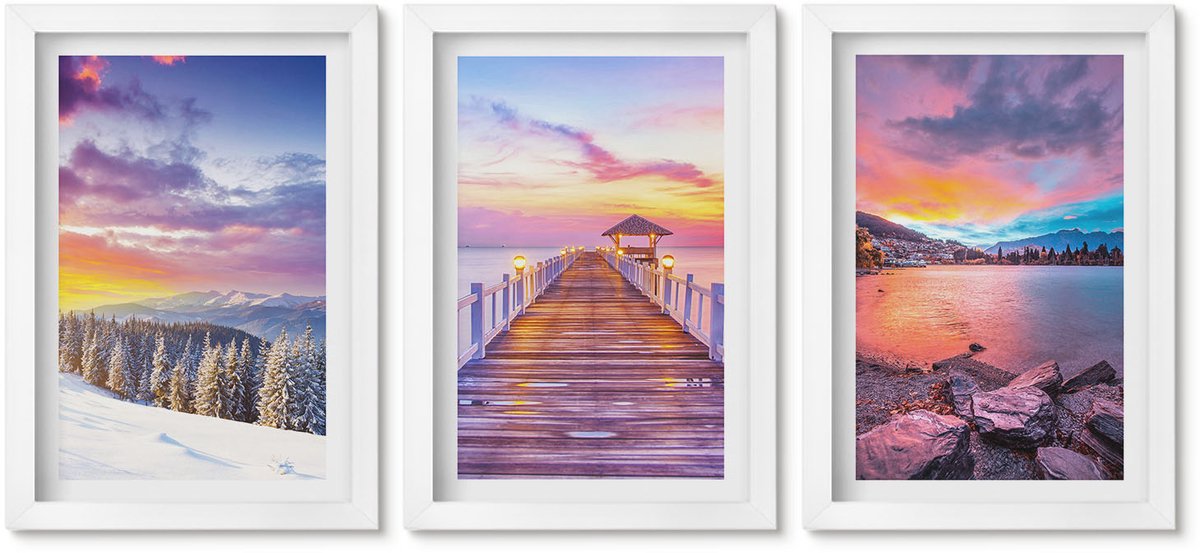 Wallfluent 3-Delige Schilderij Set - Winters Berglandschap Met Een Aanlegsteiger Aan Het Meer. - 20 x 30 - Wanddecoratie - Woonkamer Decoratie - Stijlvolle Muurdecoratie