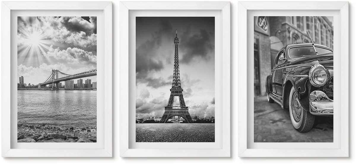 Wallfluent 3-Delige Schilderij Set - Stadsgezichten Bruggen Eiffeltoren Klassieke Auto - 20 x 30 - Decoratieve Schilderijen - Wanddecoratie - Hal