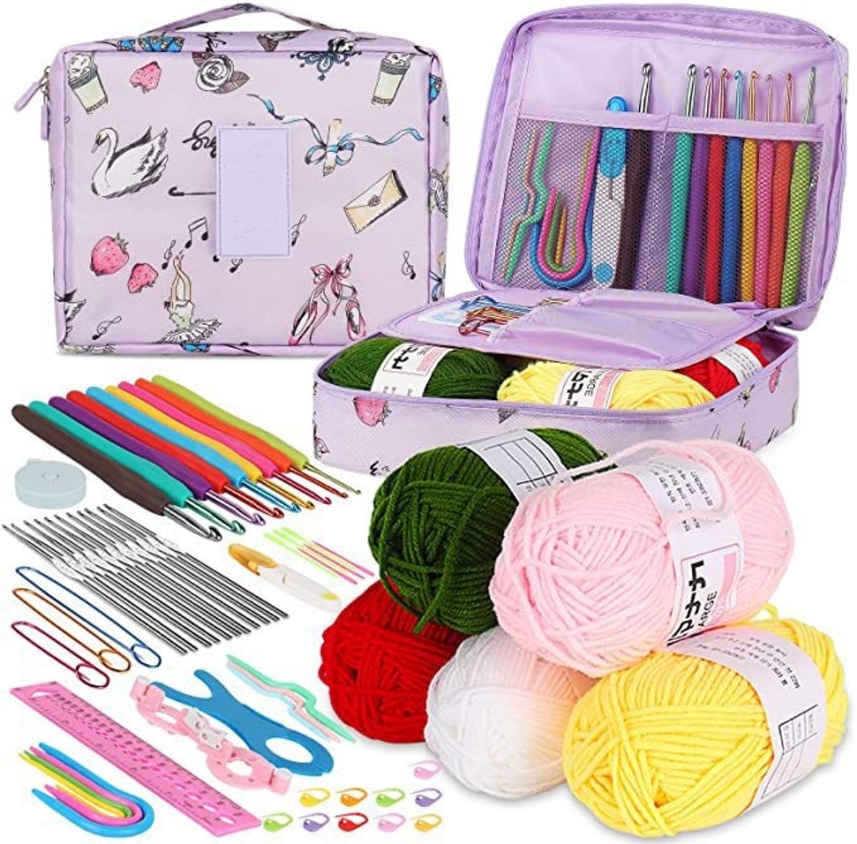 Haakset voor beginners - volledige materialen - voor handwerk en ontspanning - draagbare haakkit - voor volwassen vrouwen - lichtpaars - 1 set
