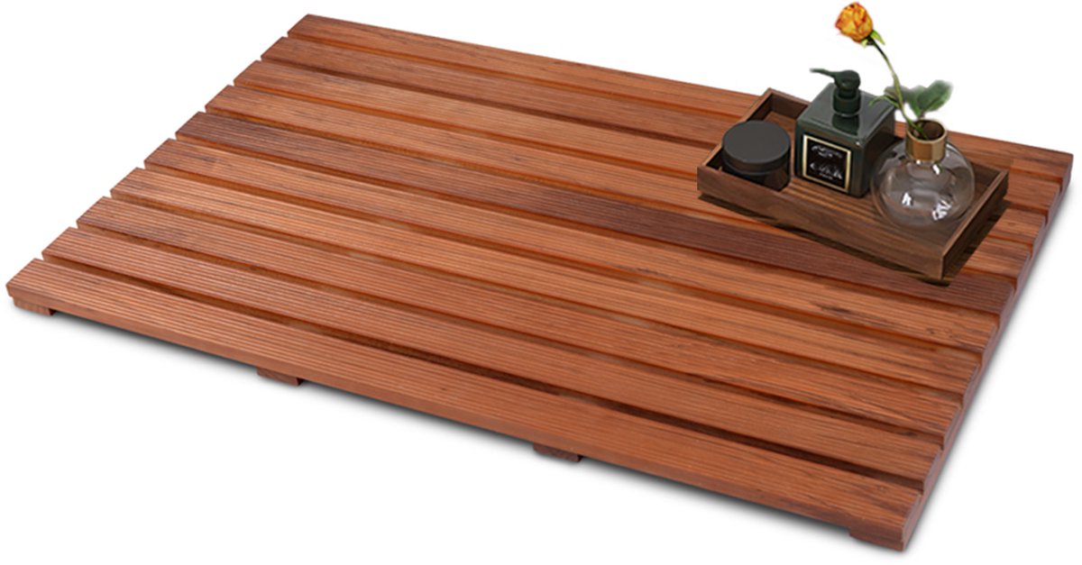 REDOM - Houten badmat - Antislip met rubberen voeten - Geventileerde lattenstructuur - Sneldrogend - Voor badkamer, douche, spa en sauna - Hout - Bruin - 80 x 50 x 3 cm