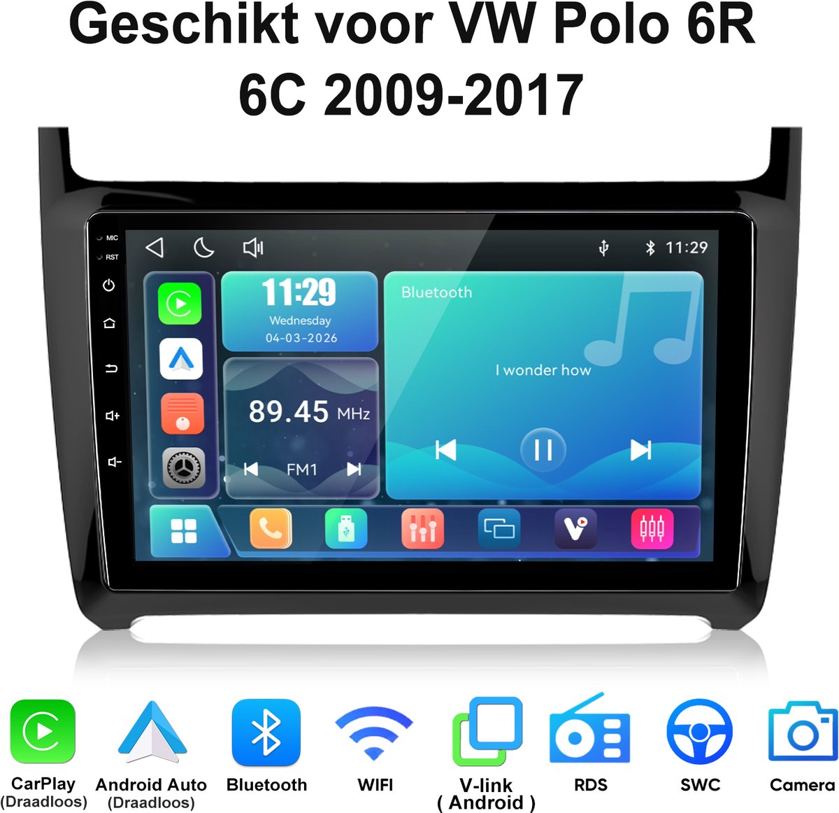 Junsun Linux Draadloos Carplay & Andriod Auto Geschikt voor VW Polo 6R 6C 2009-2017 - 9 Inch HD TouchScreen - Bluetooth - Navigatie - Stuurwielbediening - WiFi - FM - RDS- Airplay